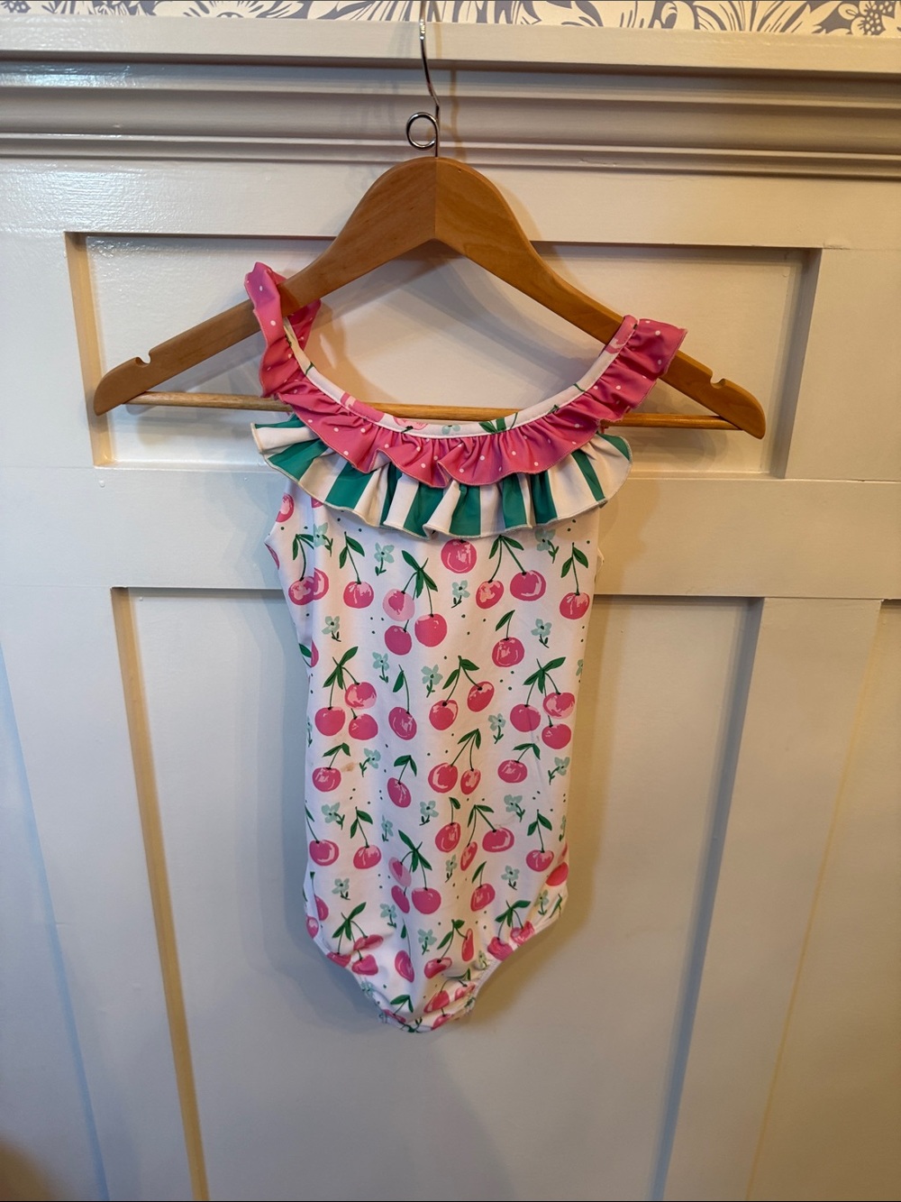 SweetHoney Pink Cherry Print One-Piece Swimsuit with Green and White Ruffle